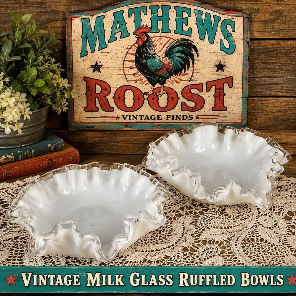 Vintage Fenton Silver Crest Milk Glass Ruffled Bowls Clear Edge Set of 2